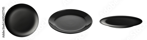 Plate set - black plate collection - empty clean plate - various perspectives and angles - isolated transparent PNG background - black dish