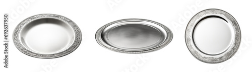 
Plate set - silver plate collection - empty clean plate - various perspectives and angles - isolated transparent PNG background - silver dish photo
