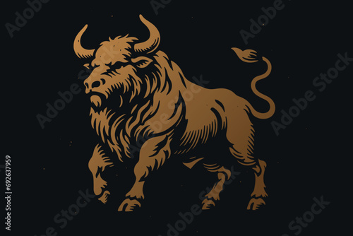 Taurus, bull. Fierce and beautiful. Engraving vector illustration, logo, icon. Golden