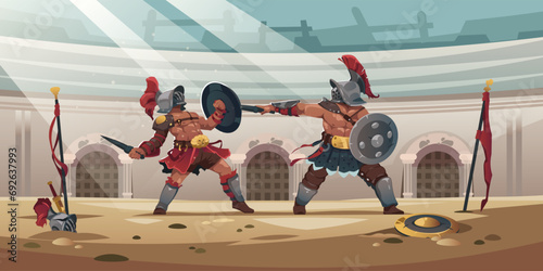 Gladiators in coliseum. Ancient roman warrior characters in arena, cartoon antique gladiators with shield and weapons fighting. Vector illustration