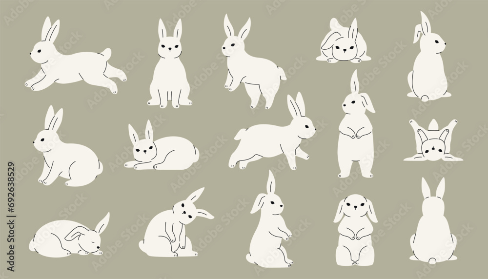 Cute rabbit collection. Doodle hare icons with different expressions, running wild animals in environment. Vector colorful doodle collection Cute rabbit collection. Doodle hare icons with different expressions, running wild animals in environment. Vector colorful doodle collection