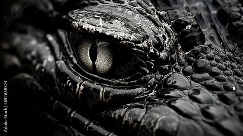 a black & white close shot, eye of an alligator photo