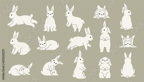 Cute rabbit collection. Doodle hare icons with different expressions, running wild animals in environment. Vector colorful doodle collection