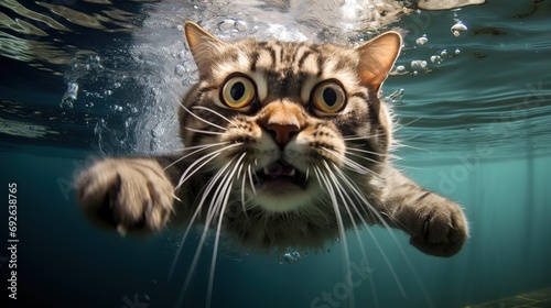 a cat jump into a water, underwater photography