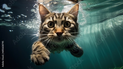 a cat jump into a water, underwater photography