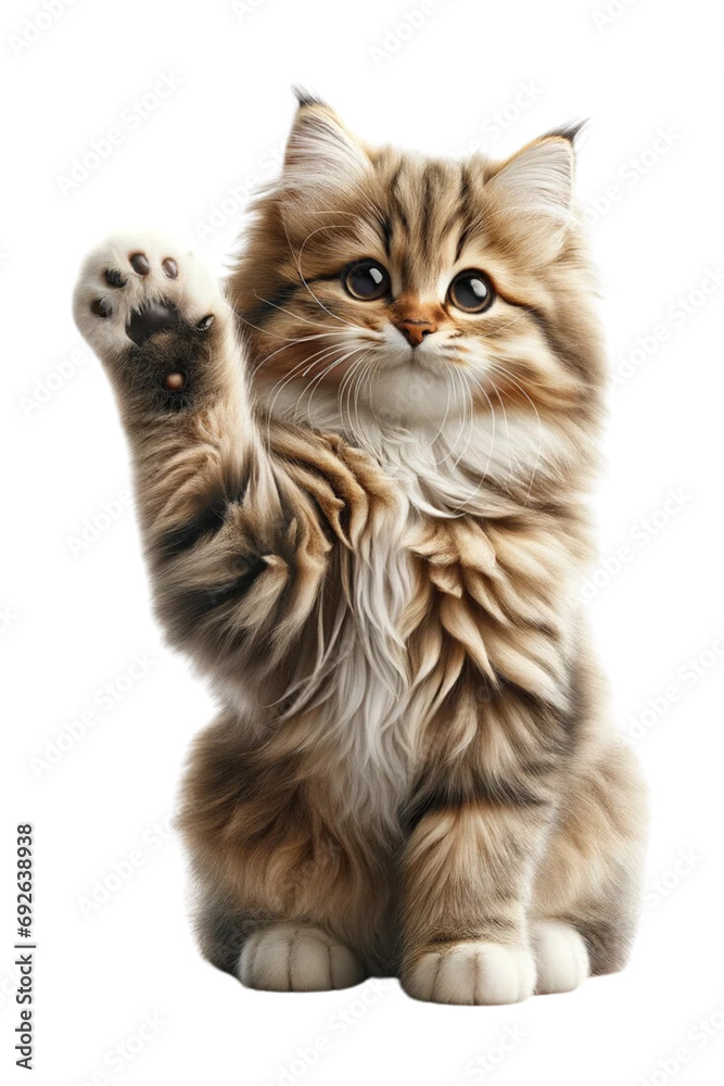 Playful tabby cat sitting up, paw raised for a high five, isolated