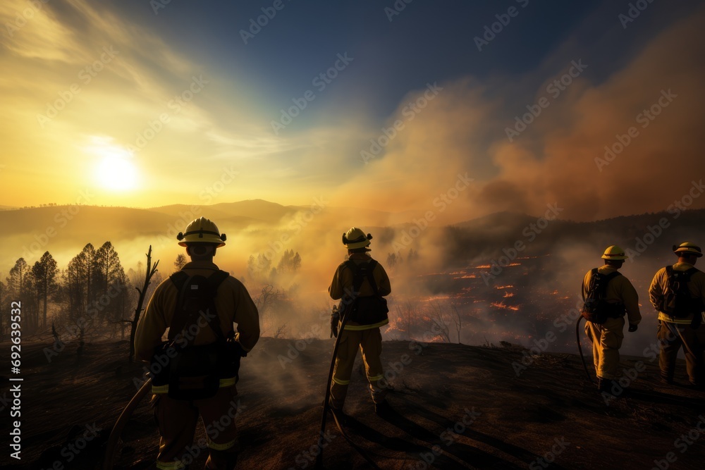 the spirit of teamwork as firefighters collaborate to extinguish a wildfire
