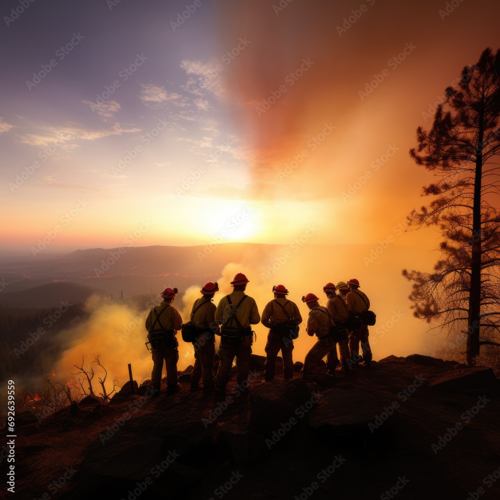 Fototapeta premium the spirit of teamwork as firefighters collaborate to extinguish a wildfire 