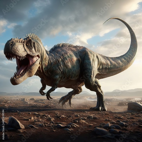 Imaginary view of a   Giganotosaurus Dinosaur, in photorealistic style. Digital art © Sophie