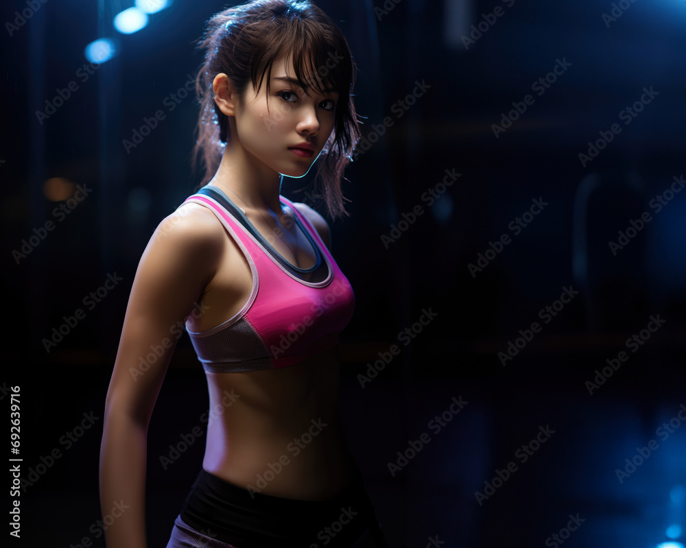 Beautiful young Asian fitness aerobics girl in dark gym room with copy space