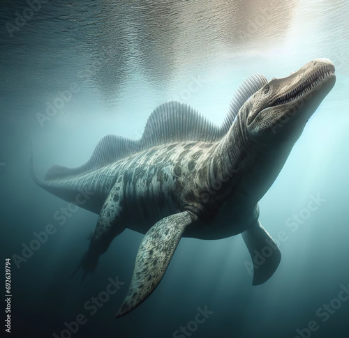 Imaginary view of a Mosasorus dinosaur, in photorealistic style. Digital art © Sophie