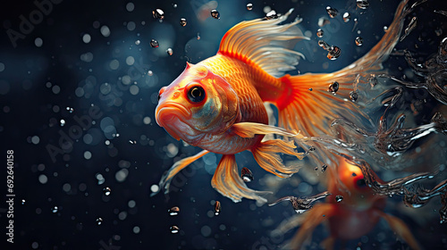 Goldfish on dark water background.