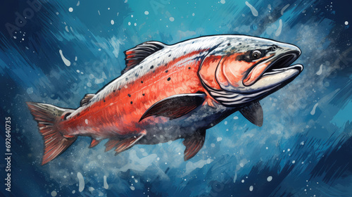 Illustration of a large red salmon or trout fish jumping out of the water on a blue splash background. photo