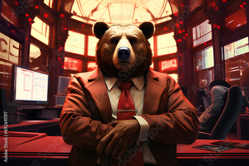 A stressed-looking bear wearing suit like an unsuccessful businessman with a sad face. This means that stock market that is going down is called a bear market. It creates great disaster for investors.