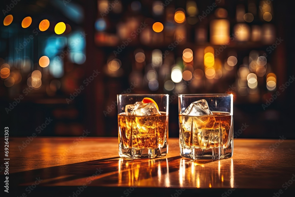 A classic whiskey bar scene with elegant glasses, ice cubes - obrazy, fototapety, plakaty 
