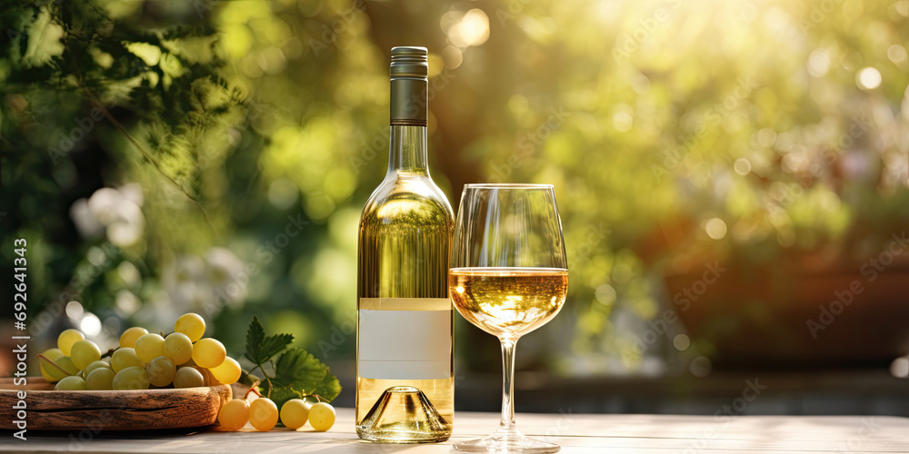 A vineyard scene with a bottle and glass of wine, surrounded by lush greenery, celebrating nature.