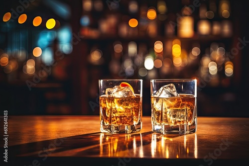 A classic whiskey bar scene with elegant glasses, ice cubes photo
