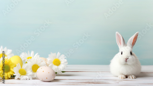 Cute Easter bunny with eggs and flowers on light blue backgound