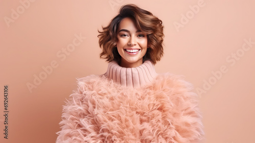 Young attractive woman wearing peach fuzz color fluffy sweater smiling at camera on peach background copy space photo
