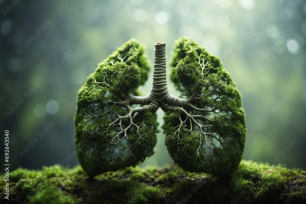 close-up reveals human lungs within root and moss environments, representing planet conservation and unity with nature, breath of earth - obrazy, fototapety, plakaty 
