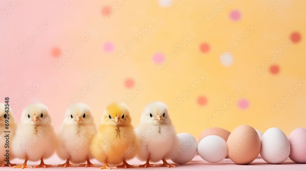 Cute Easter colorful chickens row with eggs