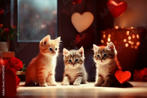 Valentine's Day, three kittens in a room with bright hearts © Iulia