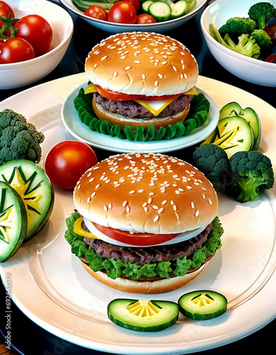 На цьому зображенні смачний гамбургер представлений на тарілці в супроводі свіжих і яскравих овочів. Соковитий бургер майстерно приготований із шарами соковитого м’яса, сиру та приправ.