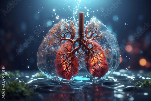 close-up of human lungs in water, underwater background, signifying planet conservation and unity with nature, aquatic vitality photo