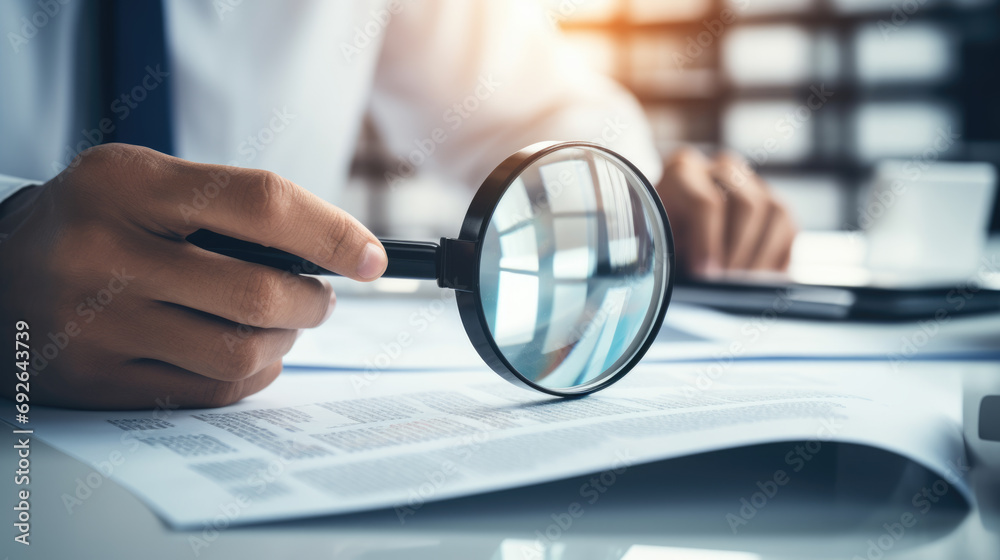 Fototapeta premium A man examines business documents with a magnifying glass
