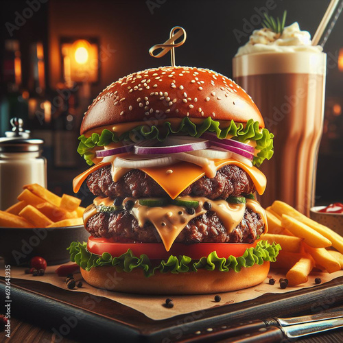 На цьому зображенні смачний гамбургер представлений на тарілці в супроводі свіжих і яскравих овочів. Соковитий бургер майстерно приготований із шарами соковитого м’яса, сиру та приправ.