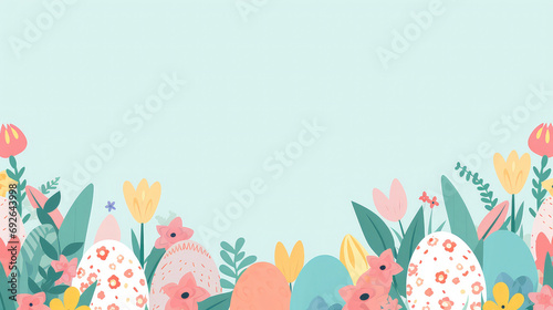 Easter style banner with copy space eggs and flowers cartoon style light blue background