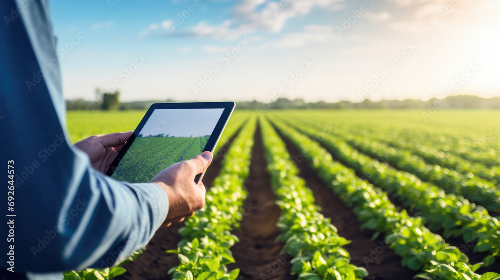 Farmer holding a tablet with a blank screen in front of a field of green crops - obrazy, fototapety, plakaty 