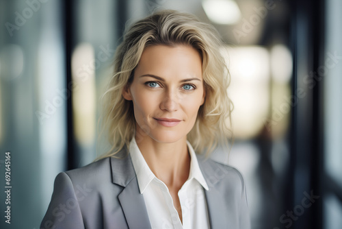 Retrato de una hermosa empresaria caucásica posando junto a la ventana en una oficina de gran ciudad con rascacielos. Exitosa gerente de negocios mujer. CEO sonriente, mirando a la cámara. 