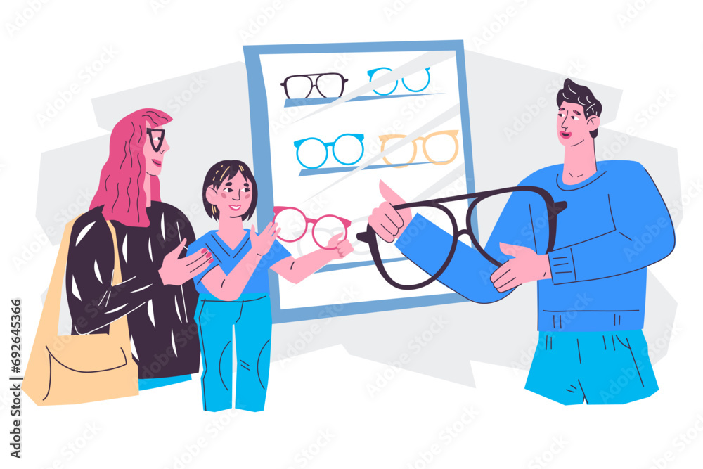 Pediatric ophthalmology, diagnosis and treatment of eye diseases. Regular eye exam and diagnostic of myopia, flat vector illustration isolated on white background.