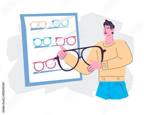 Ophthalmology diagnosis and oculist treatment of eye diseases. Eye exams and diagnostics. Glasses for eye correction for optimal vision and eye health based on prescription, flat vector isolated.
