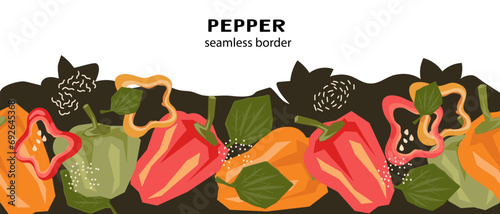 Sweet or bell pepper seamless border background design, hand drawn trendy vector illustration isolated on white background. Bell pepper loopable endless frame for food labels and textile print.
