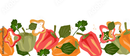 Sweet pepper seamless border background, hand drawn trendy vector illustration isolated on white background. Bell pepper loopable frame for food labels and kitchen textile.