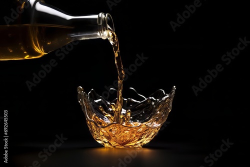 Olive oil pours out of a bottle on a black background photo