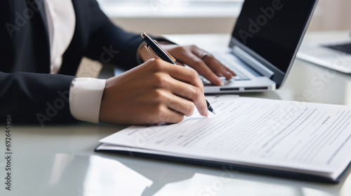 Close-up of a person's hands typing on a laptop keyboard, dressed in a suit, indicating a professional setting or business work