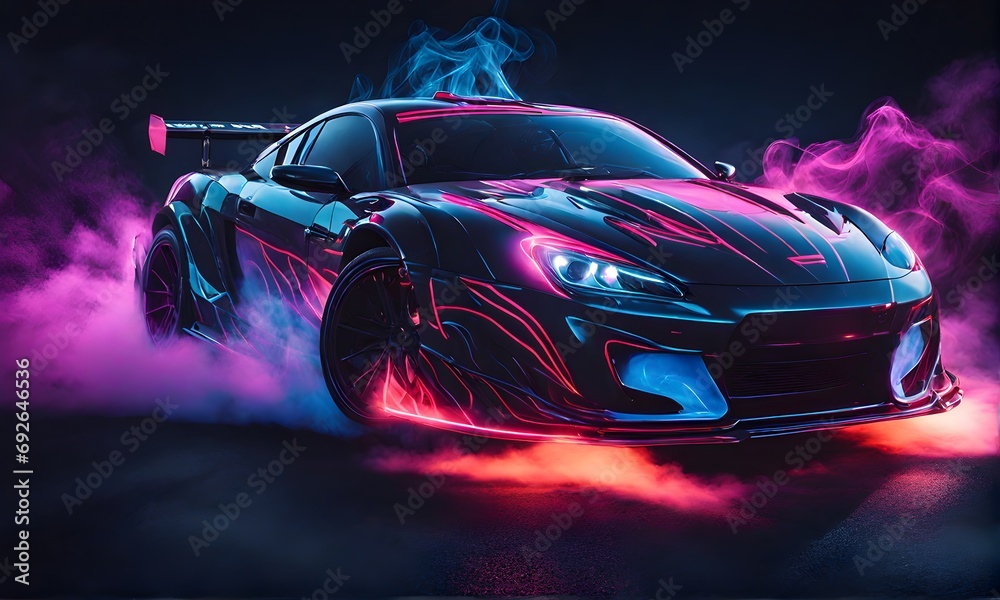 Drifting sports car wallpaper. Dark black background with smoke. Supercar in motion. Sports car drifting in smoke. Generative AI.	
