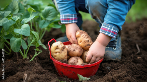 Close-up of a person's hands placing freshly harvested potatoes into a wicker basket in a field with rich soil and green plants in the background.