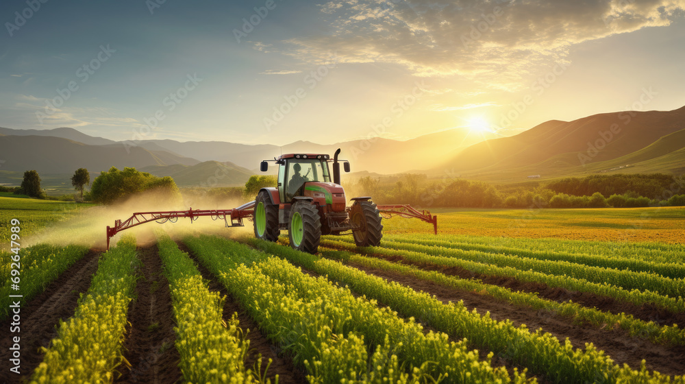 Tractor in the middle of a field, spraying crops with a boom sprayer - obrazy, fototapety, plakaty 