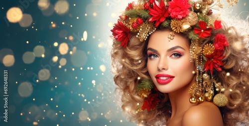 Christmas Model Girl With Xmas Tree HairStyle - Red Make Up And Manicure photo