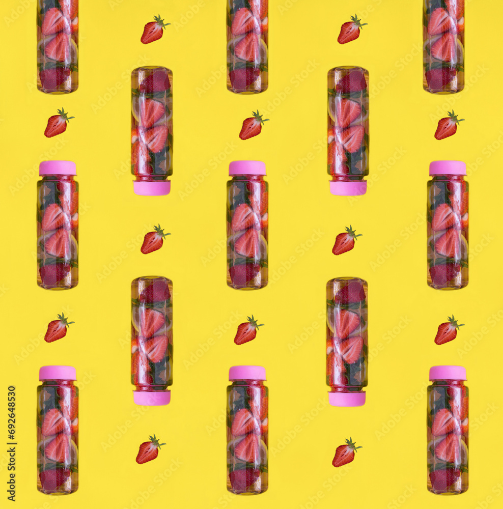 Infused or detox water with strawberry and lemon in the bottle on the yellow background. Pattern. Flat lay.
