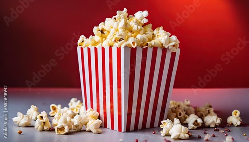 Striped box with popcorn and red background	
