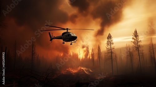the aerial assault on a mountain wildfire during twilight, with a focus on the expansive landscape