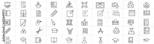 Set of 50 vector education set of web icons in line style. Learning icons for web and mobile app. E-learning, video tutorial, knowledge, study, school, university, webinar, online education.
