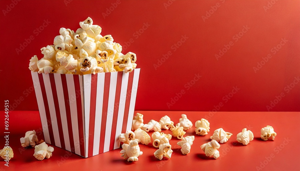 Striped box with popcorn and red background Striped box with popcorn and red background