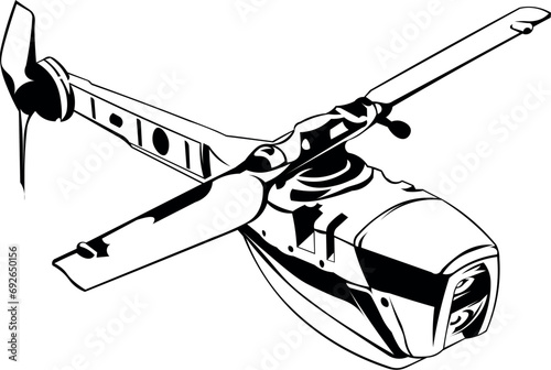Cartoon Black and White Isolated Illustration Vector Of A Military Flying Drone
