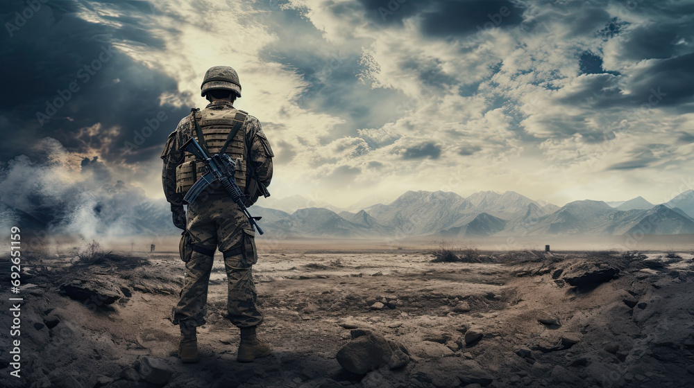 Soldier with rifle in the desert. Army background Soldier with rifle in the desert. Army background